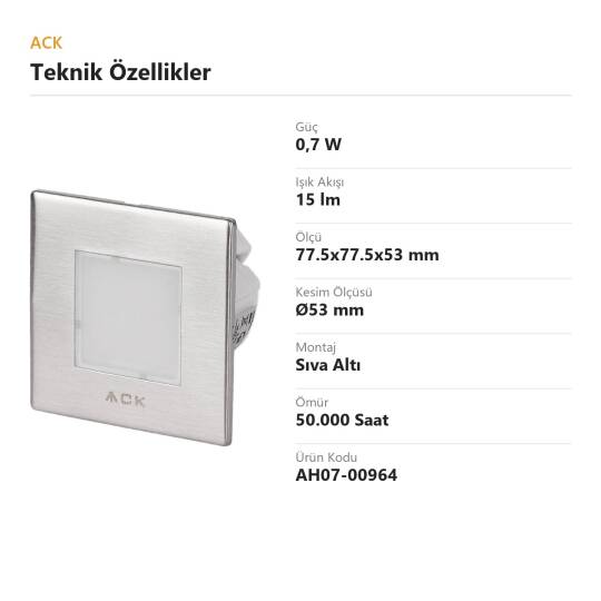 ACK 0,7W Mavi Işık Sıva Altı Gömme LED Merdiven ve Duvar Apliği (Saten Kasa - Kare) AH07-00964 - 4