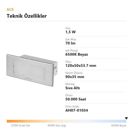 ACK 1,5W 6500K Beyaz Sensörlü Sıva Altı LED Merdiven ve Duvar Apliği (Saten Kasa) AH07-01034 - 4