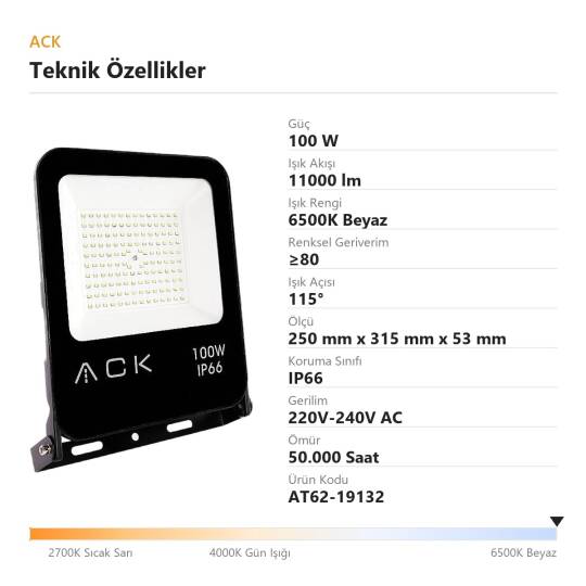 ACK 100W 6500K Beyaz LED Projektör AT62-19132 - 4