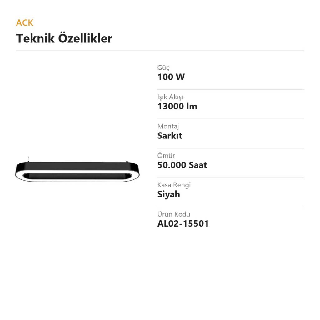 ACK 100W Geniş Çaplı Dekoratif Linear Sarkıt Armatür 150 cm Oval Uzun Siyah Kasa AL02-15501 - 4