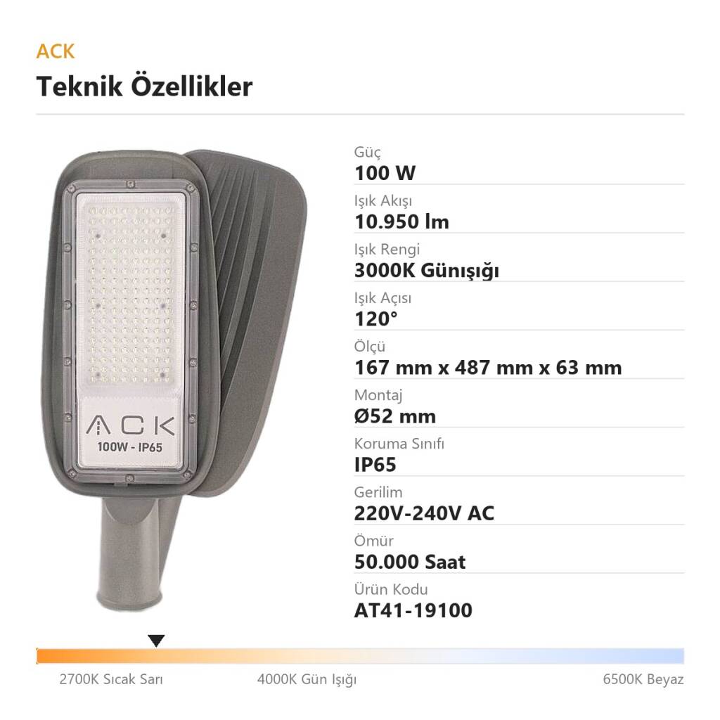 ACK 100W 3000K Günışığı 10.950 lm LED Sokak Armatürü (Gri) AT41-19100 - 4