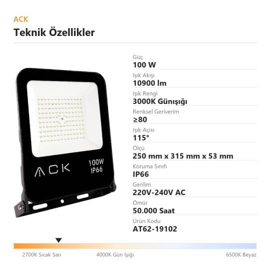 ACK 100W 3000K Günışığı LED Projektör AT62-19102 - 4