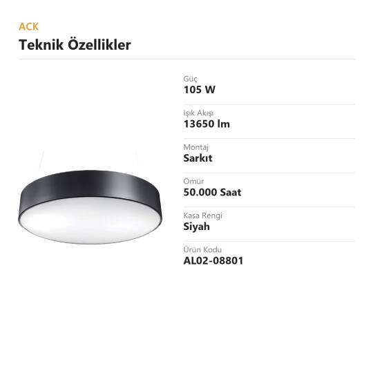 ACK 105W Geniş Çaplı Dekoratif Linear Sarkıt Armatür Ø80 cm Yuvarlak Dolu (Davul) Siyah Kasa AL02-08801 - 4