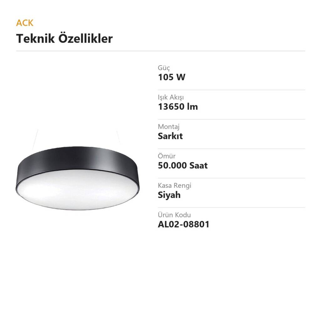 ACK 105W Geniş Çaplı Dekoratif Linear Sarkıt Armatür Ø80 cm Yuvarlak Dolu (Davul) Siyah Kasa AL02-08801 - 4