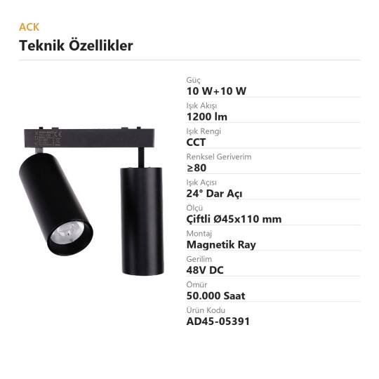ACK 10W+10W CCT (3 Renk) 48V Magnetik Ray Armatürü Çiftli Yönlendirilebilir Spot Siyah Kasa AD45-05391 - 4