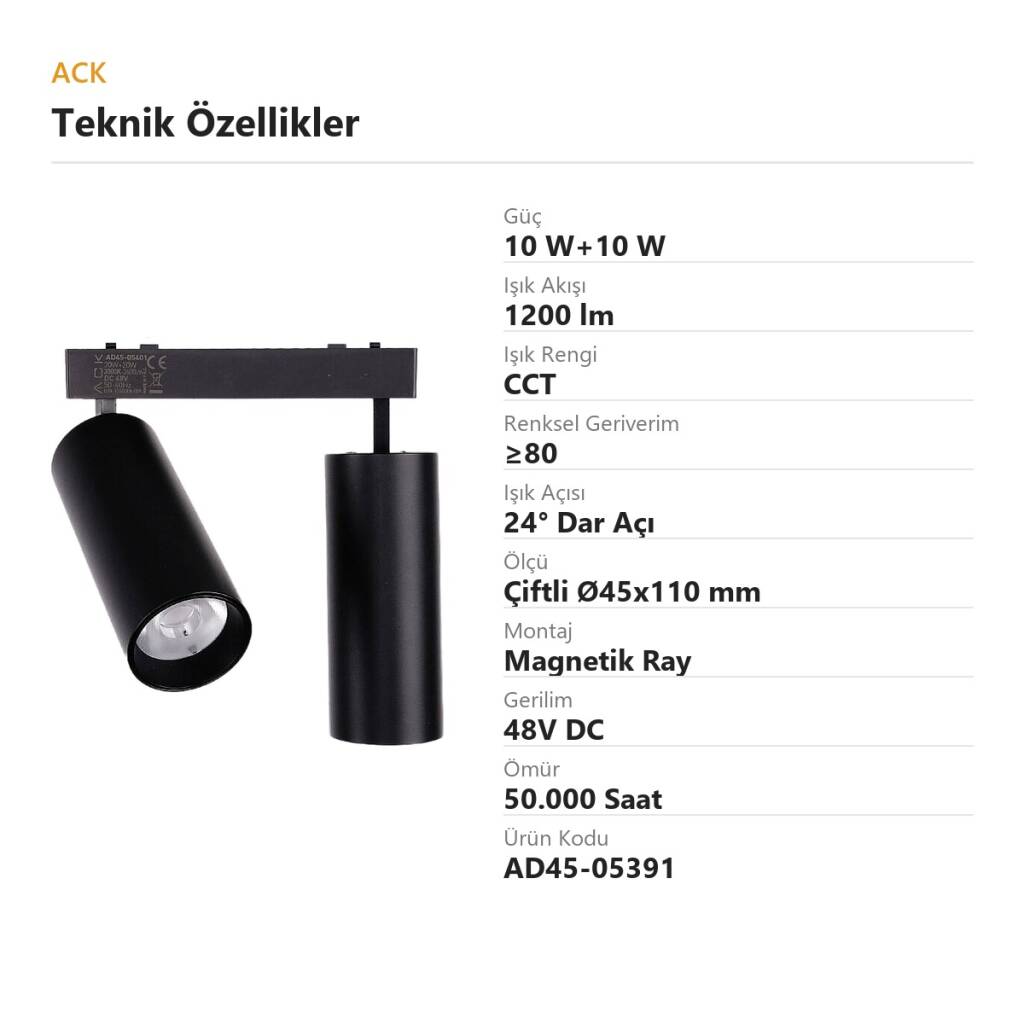 ACK 10W+10W CCT (3 Renk) 48V Magnetik Ray Armatürü Çiftli Yönlendirilebilir Spot Siyah Kasa AD45-05391 - 4