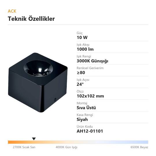 ACK 10W 3000K Günışığı 1000lm Kamaşma Önleyici Tekli Sıva Üstü Spot (102x102 mm Siyah Kasa) AH12-01101 - 4