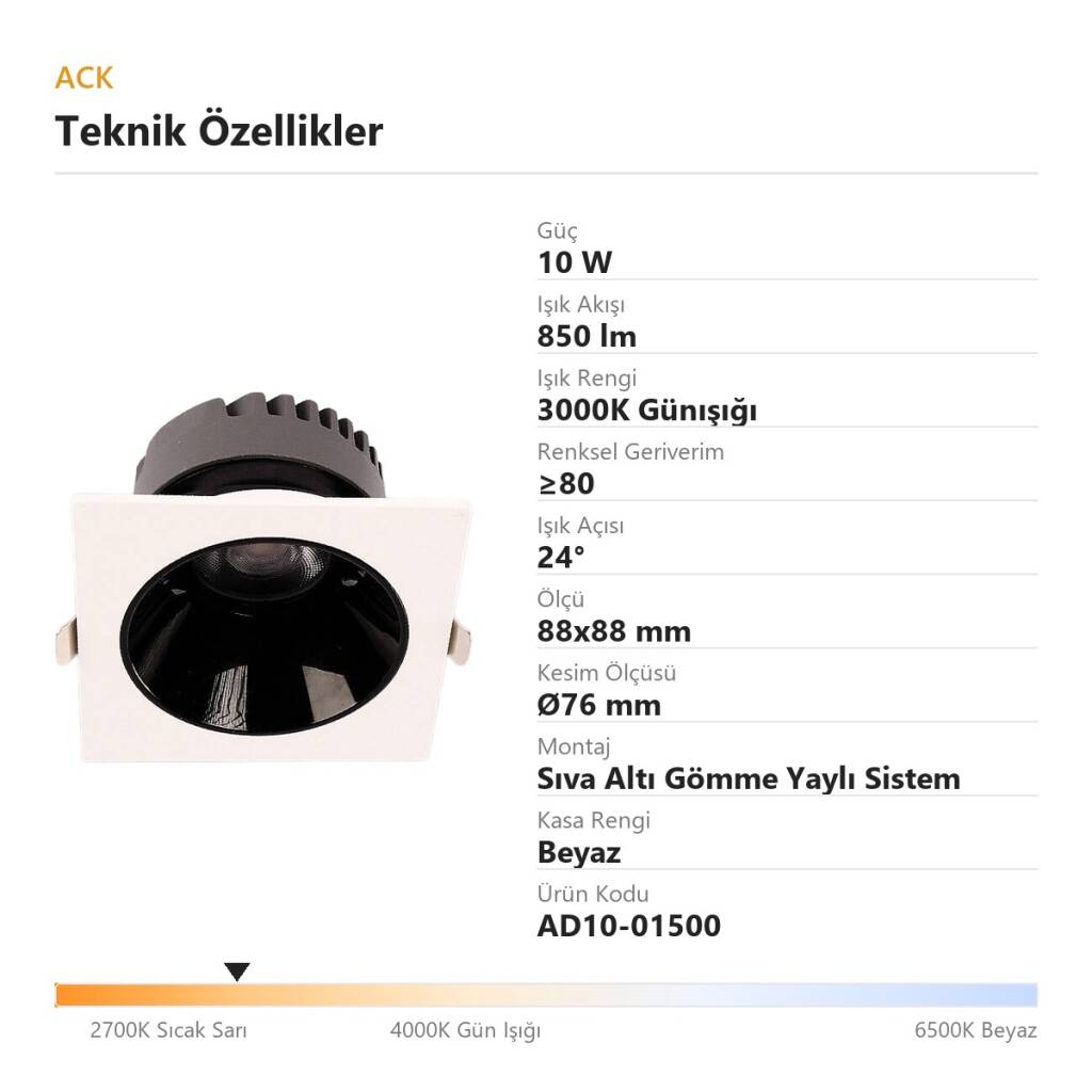 ACK 10W 3000K Günışığı 850lm Kamaşma Önleyici (Dark Light) Sıva Altı Kare Spot (88x88 mm Beyaz Kasa) AD10-01500 - 4