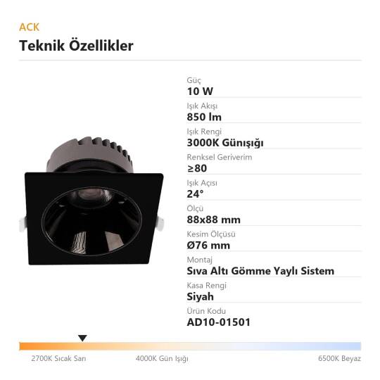 ACK 10W 3000K Günışığı 850lm Kamaşma Önleyici (Dark Light) Sıva Altı Kare Spot (88x88 mm Siyah Kasa) AD10-01501 - 4