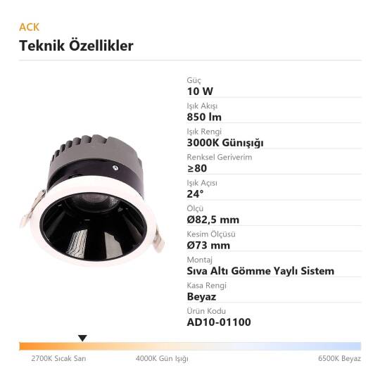 ACK 10W 3000K Günışığı 850lm Kamaşma Önleyici (Dark Light) Sıva Altı Spot (Ø82,5 mm Beyaz Kasa) AD10-01100 - 4