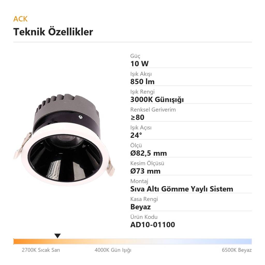 ACK 10W 3000K Günışığı 850lm Kamaşma Önleyici (Dark Light) Sıva Altı Spot (Ø82,5 mm Beyaz Kasa) AD10-01100 - 4