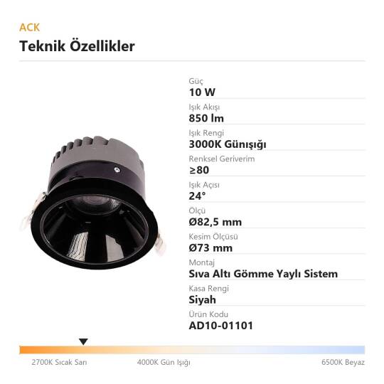 ACK 10W 3000K Günışığı 850lm Kamaşma Önleyici (Dark Light) Sıva Altı Spot (Ø82,5 mm Siyah Kasa) AD10-01101 - 4