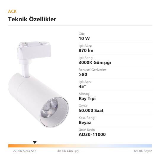 ACK 10W 3000K Günışığı LED Ray Armatürü Spot Lamba (Beyaz Kasa) AD30-11000 - 4