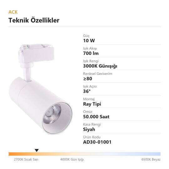 ACK 10W 3000K Günışığı LED Ray Armatürü Spot Lamba (Siyah Kasa) AD30-01001 - 4