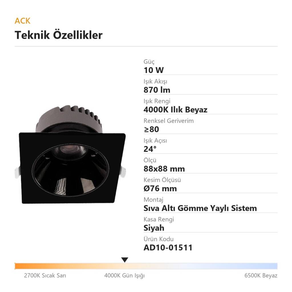 ACK 10W 4000K Ilık Beyaz 870lm Kamaşma Önleyici (Dark Light) Sıva Altı Kare Spot (88x88 mm Siyah Kasa) AD10-01511 - 4