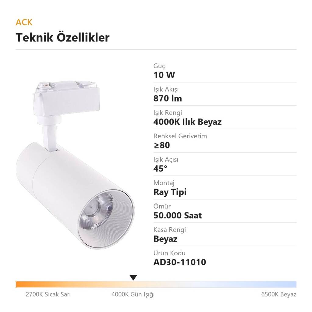 ACK 10W 4000K Ilık Beyaz LED Ray Armatürü Spot Lamba (Beyaz Kasa) AD30-11010 - 4