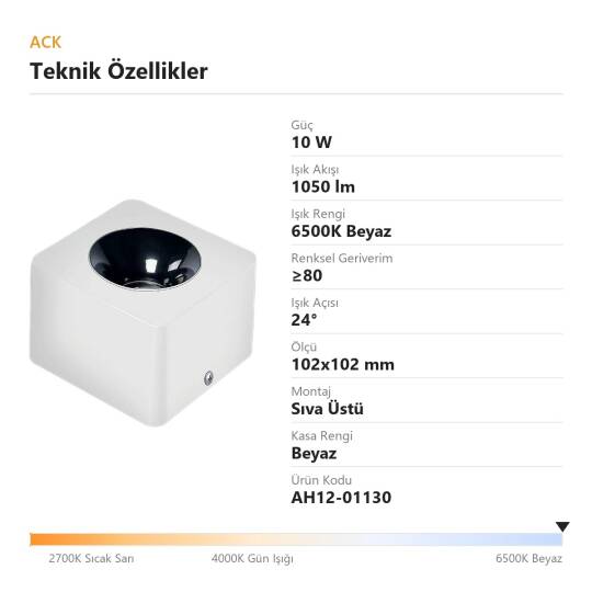 ACK 10W 6500K Beyaz 1050lm Kamaşma Önleyici Tekli Sıva Üstü Spot (102x102 mm Beyaz Kasa) AH12-01130 - 4