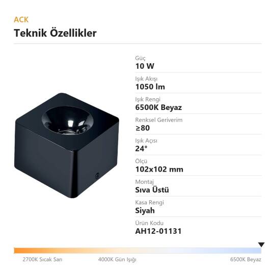 ACK 10W 6500K Beyaz 1050lm Kamaşma Önleyici Tekli Sıva Üstü Spot (102x102 mm Siyah Kasa) AH12-01131 - 4