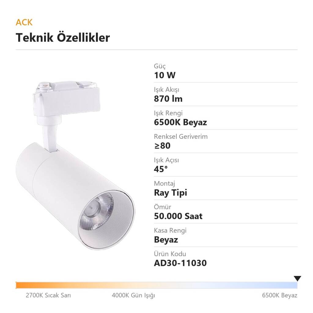 ACK 10W 6500K Beyaz LED Ray Armatürü Spot Lamba (Beyaz Kasa) AD30-11030 - 4