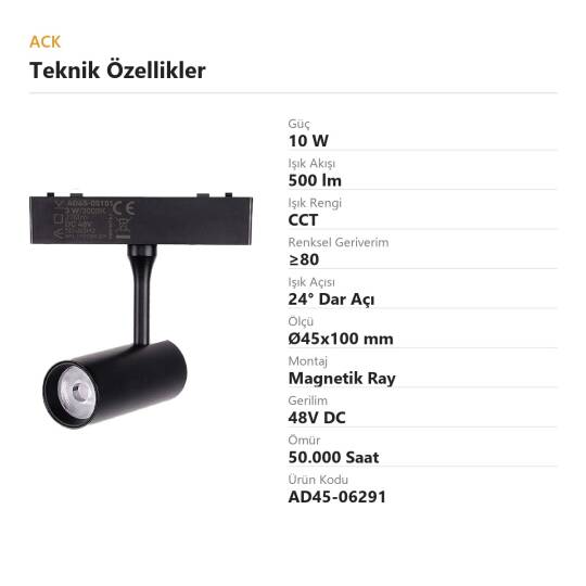 ACK 10W CCT (3 Renk) 48V Magnetik Ray Armatürü Yönlendirilebilir Silindir Spot Siyah Kasa AD45-06291 - 4