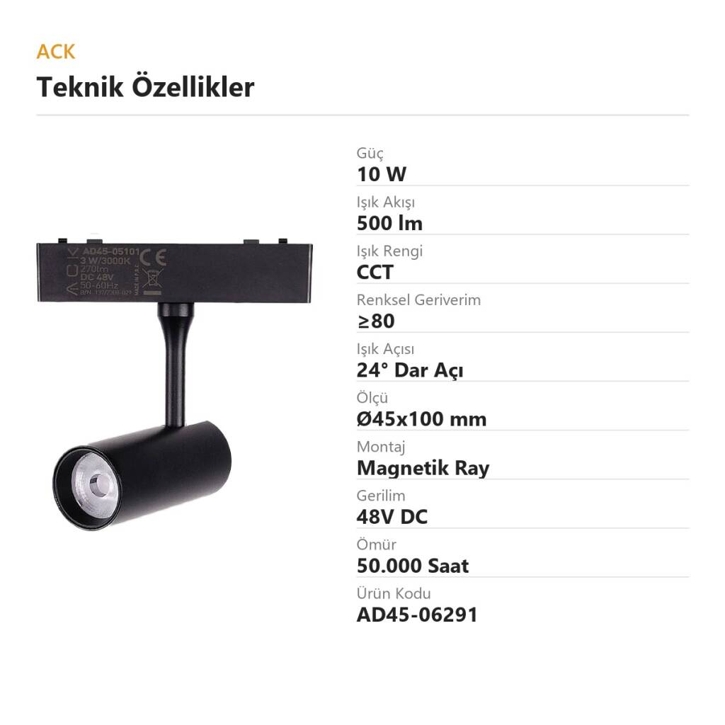 ACK 10W CCT (3 Renk) 48V Magnetik Ray Armatürü Yönlendirilebilir Silindir Spot Siyah Kasa AD45-06291 - 4