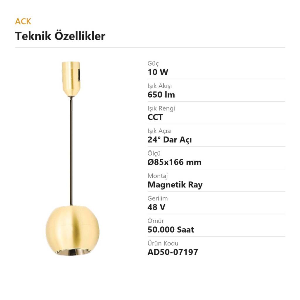 ACK 10W CCT (3 Renk) 48V Rétro Magnetik Ray Armatürü Metal Küre Sarkıt (Bakır (Copper)) AD50-07197 - 4