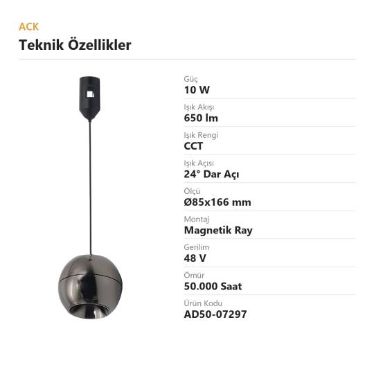 ACK 10W CCT (3 Renk) 48V Rétro Magnetik Ray Armatürü Metal Küre Sarkıt (Siyah (Black)) AD50-07297 - 4