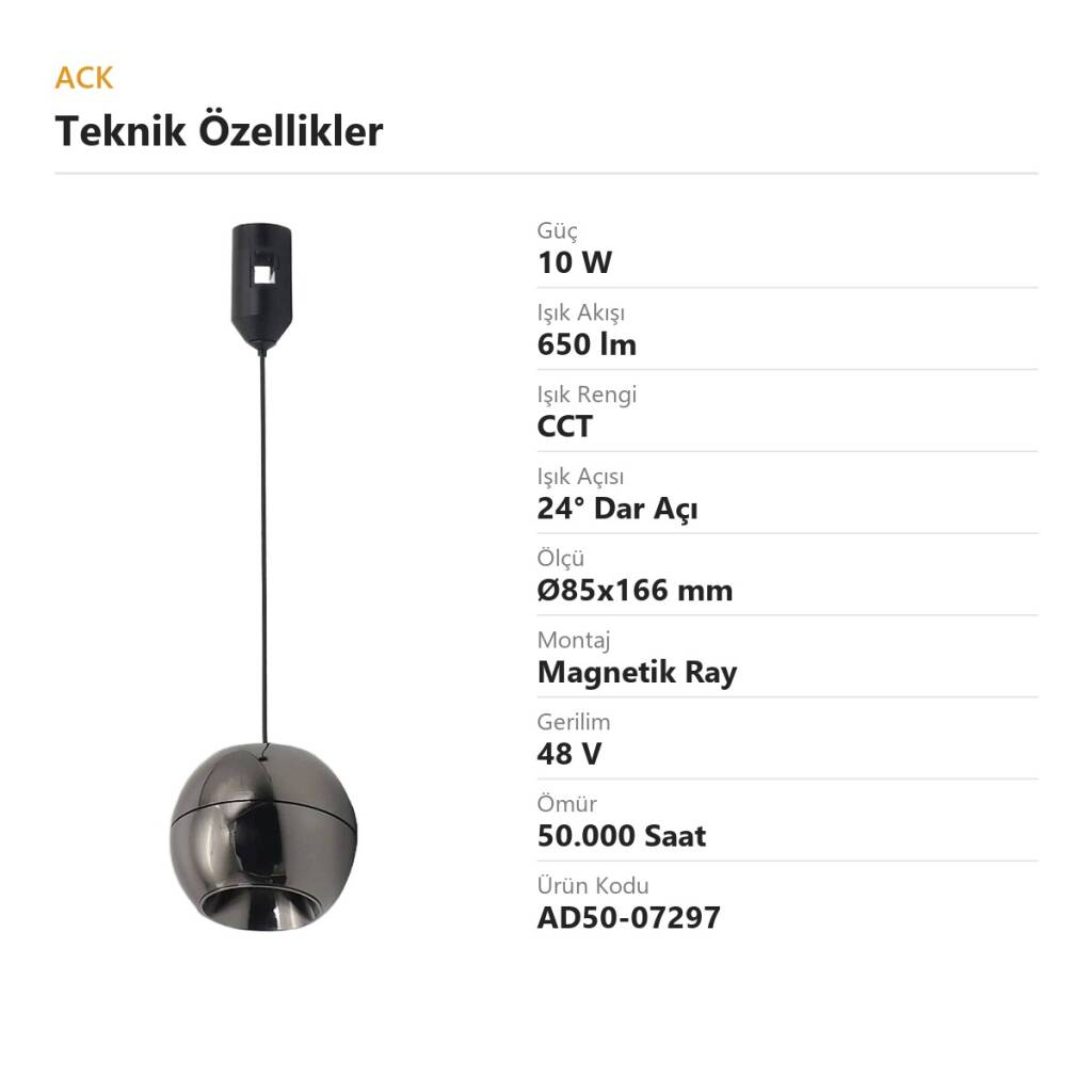 ACK 10W CCT (3 Renk) 48V Rétro Magnetik Ray Armatürü Metal Küre Sarkıt (Siyah (Black)) AD50-07297 - 4