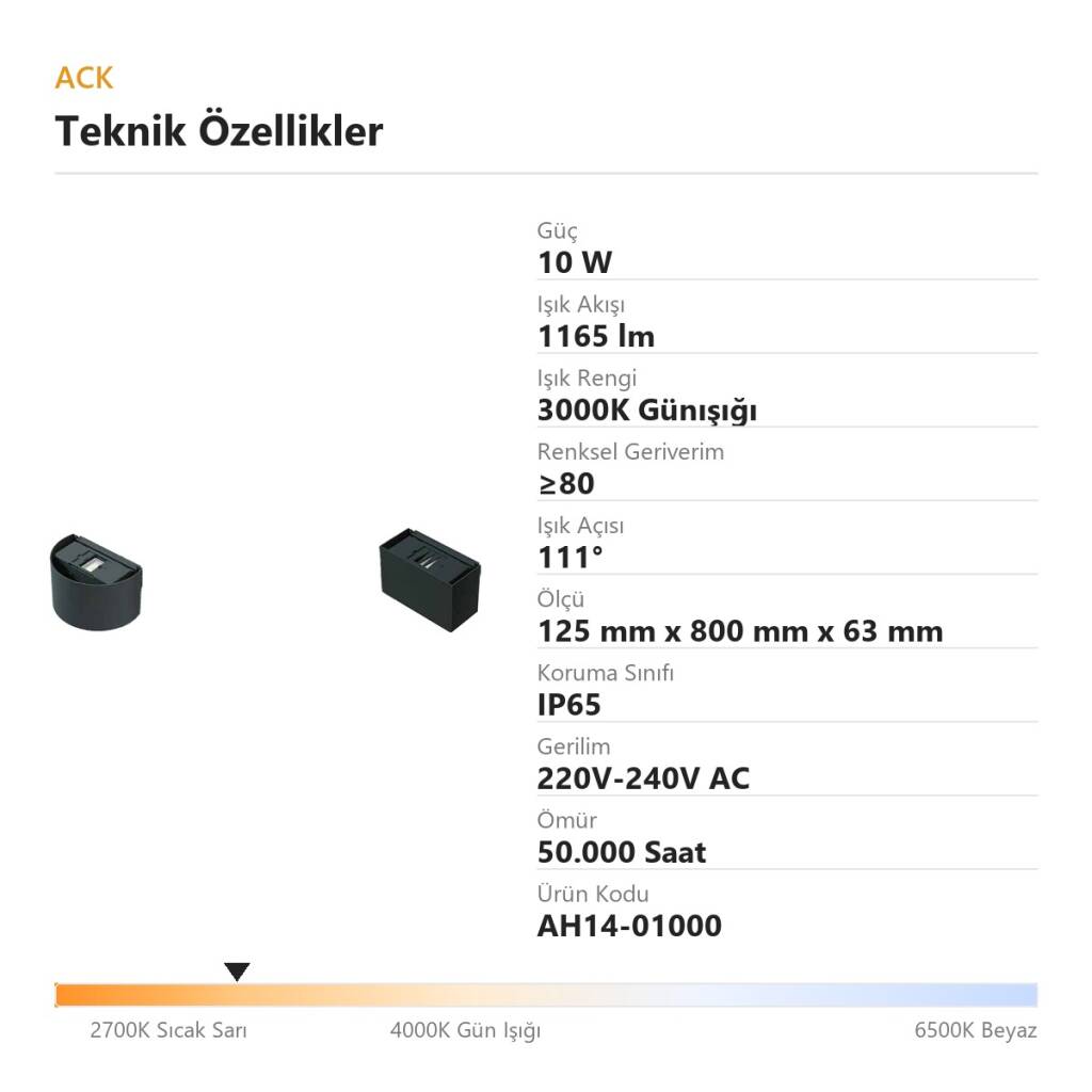 ACK 10W 3000K Günışığı 1165lm Bombeli Alüminyum Duvar Apliği (Beyaz) AH14-01000 - 4