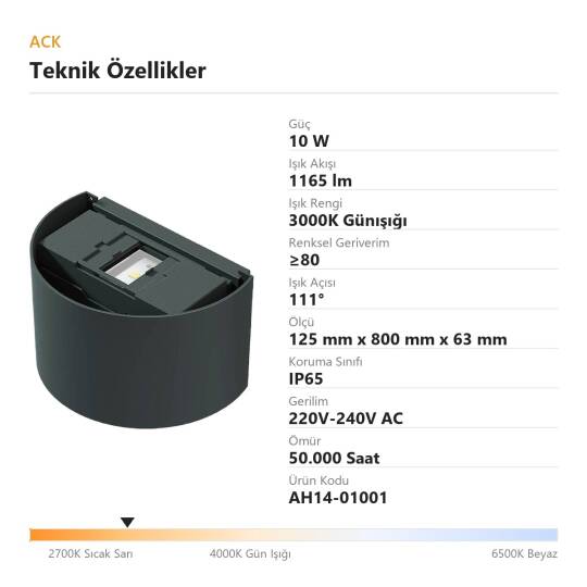 ACK 10W 3000K Günışığı 1165lm Bombeli Alüminyum Duvar Apliği (Siyah) AH14-01001 - 4