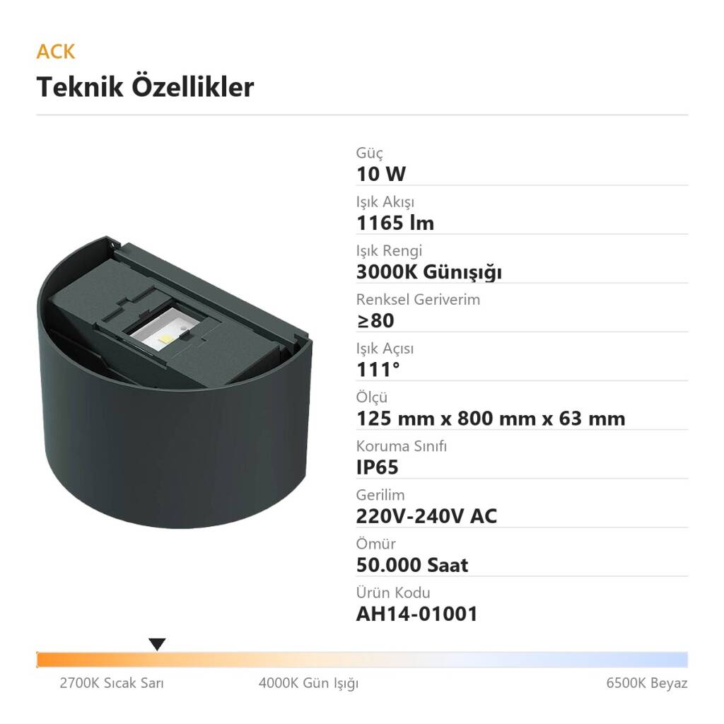 ACK 10W 3000K Günışığı 1165lm Bombeli Alüminyum Duvar Apliği (Siyah) AH14-01001 - 4