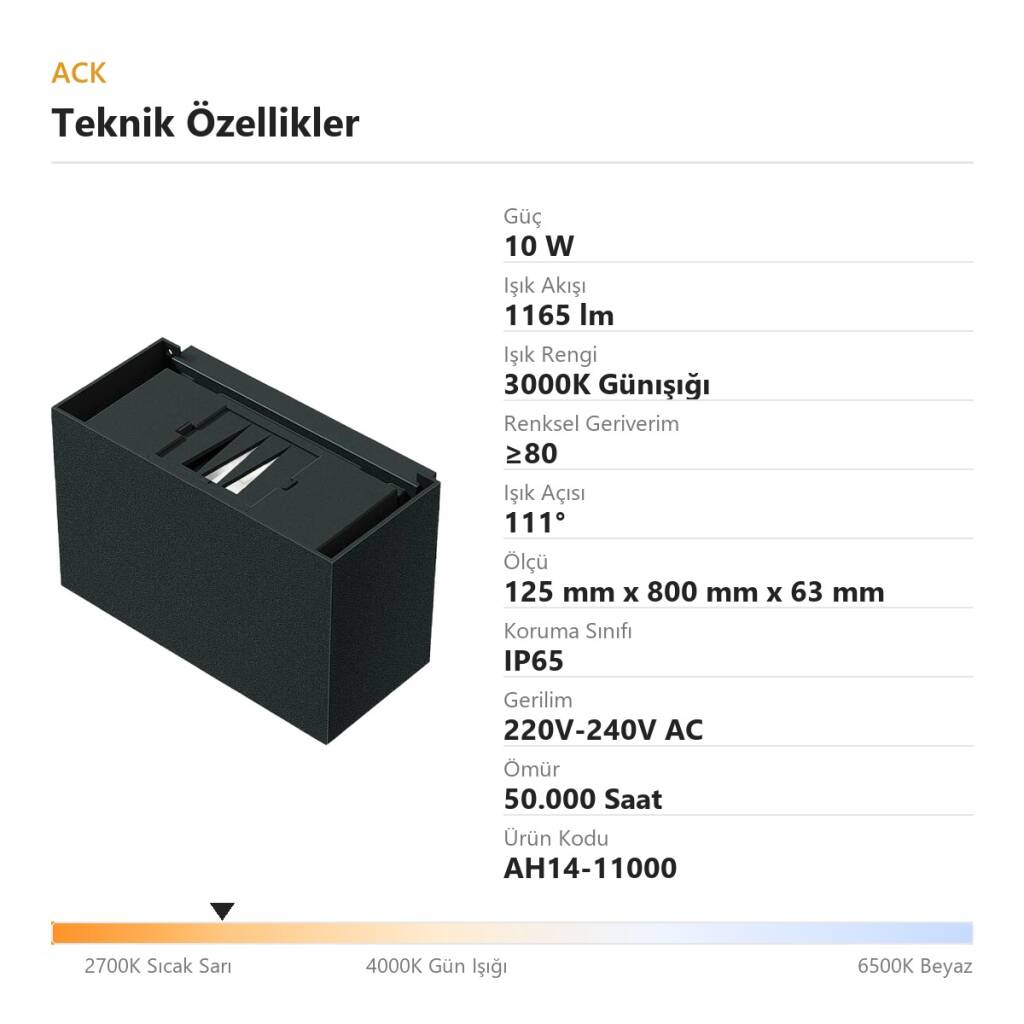 ACK 10W 3000K Günışığı 1165lm Dikdörtgen Alüminyum Duvar Apliği (Beyaz) AH14-11000 - 4