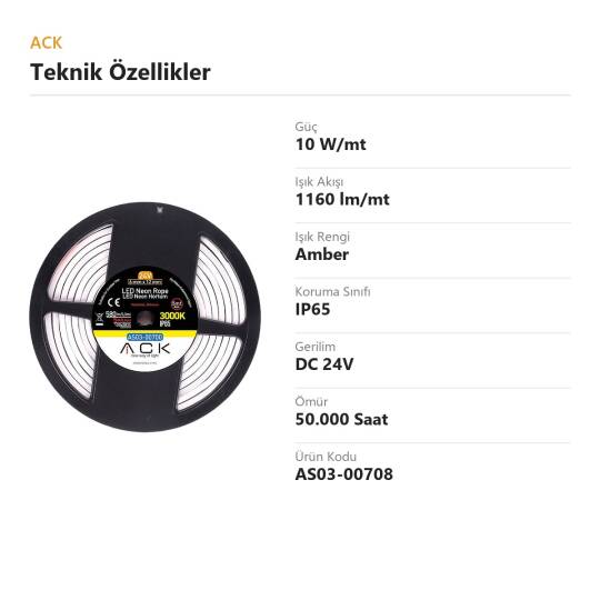 ACK 10W/mt Amber 1160 lm/mt Dimlenebilir 24V LED Neon Hortum (25mt Rulo) AS03-00708 - 4