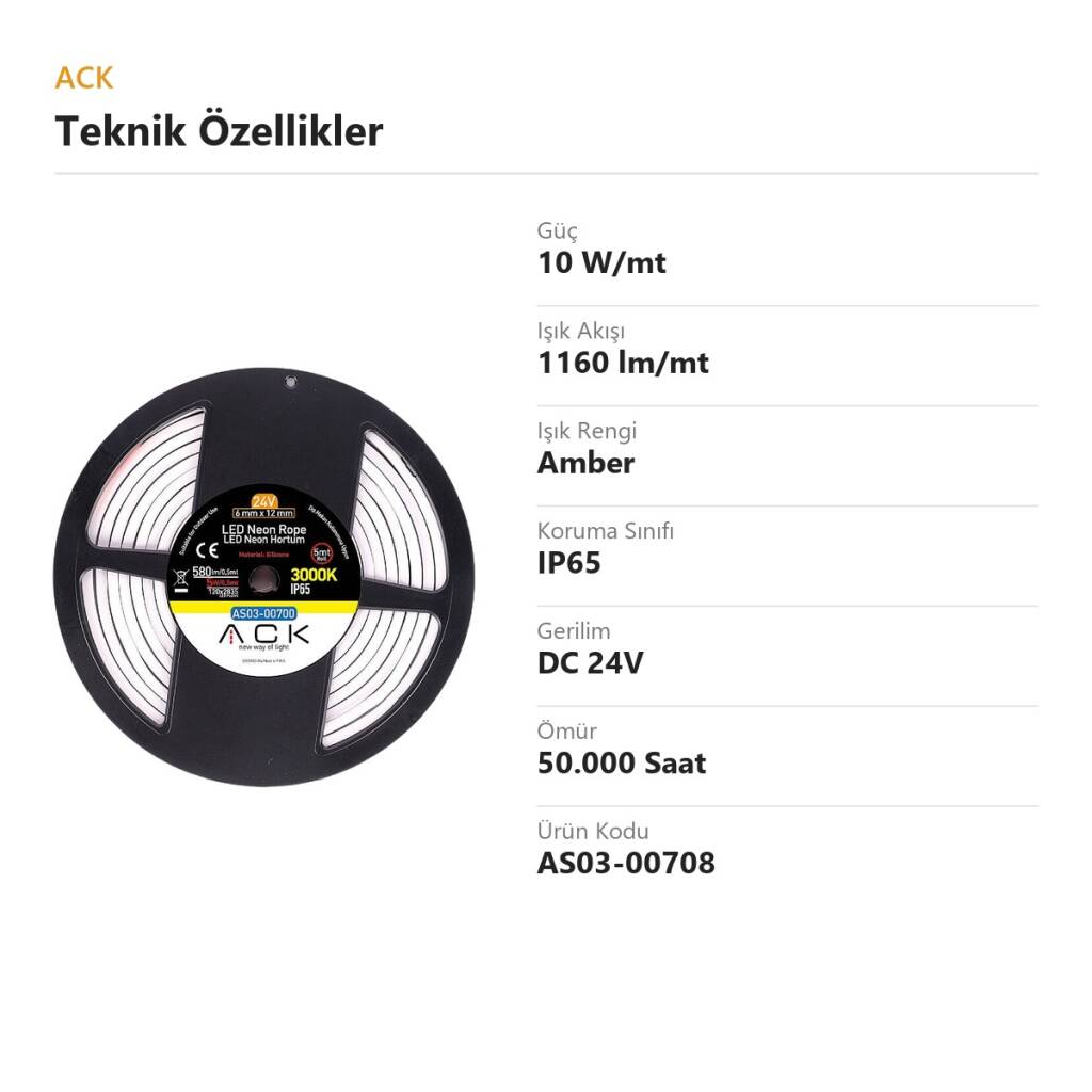 ACK 10W/mt Amber 1160 lm/mt Dimlenebilir 24V LED Neon Hortum (25mt Rulo) AS03-00708 - 4