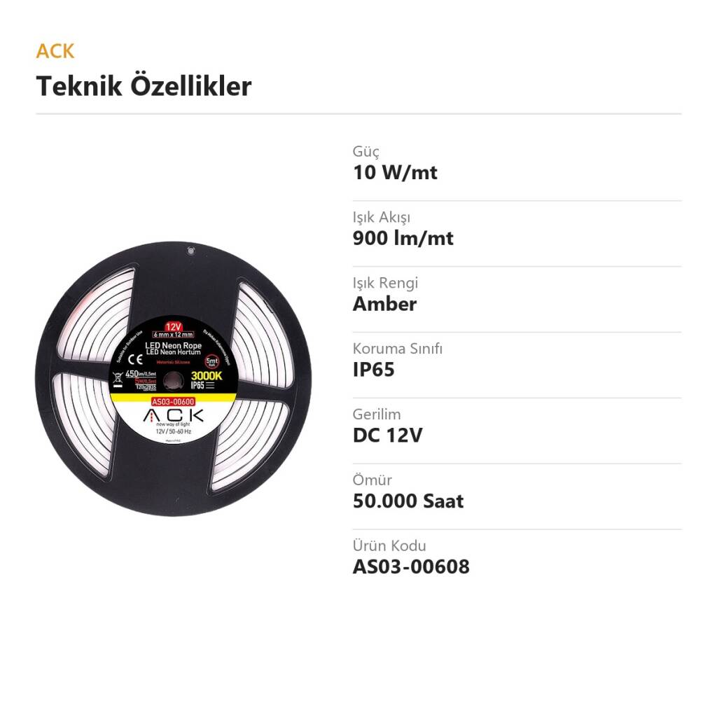 ACK 10W/mt Amber 900 lm/mt Dimlenebilir 12V LED Neon Hortum (25mt Rulo) AS03-00608 - 4