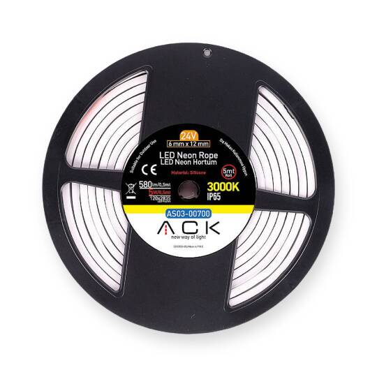 ACK 10W/mt 6500K Beyaz 1160 lm/mt Dimlenebilir 24V LED Neon Hortum (25mt Rulo) AS03-00703