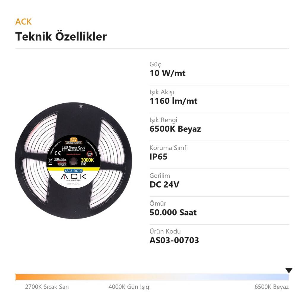 ACK 10W/mt 6500K Beyaz 1160 lm/mt Dimlenebilir 24V LED Neon Hortum (25mt Rulo) AS03-00703 - 4