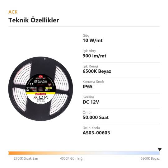 ACK 10W/mt 6500K Beyaz 900 lm/mt Dimlenebilir 12V LED Neon Hortum (25mt Rulo) AS03-00603 - 4