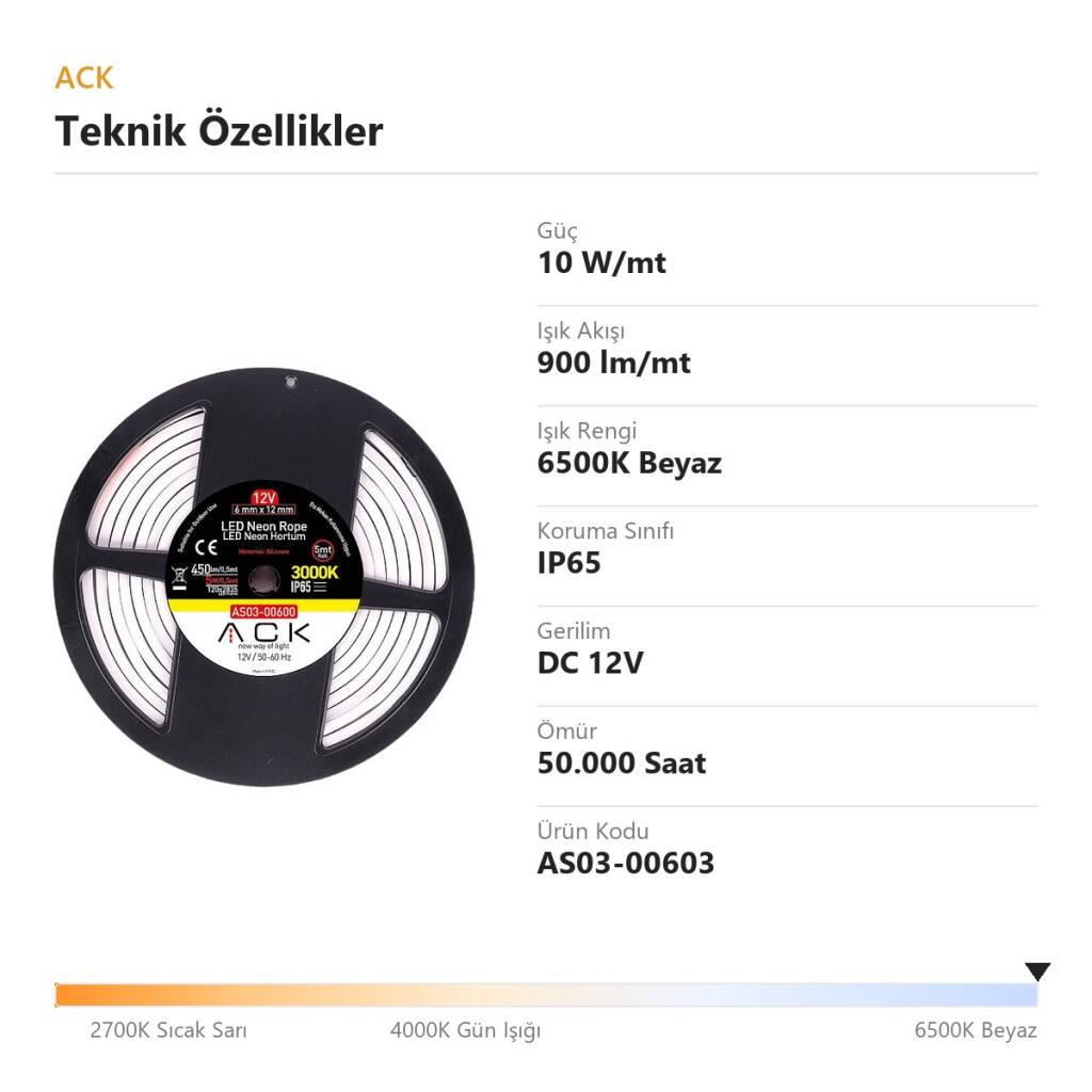 ACK 10W/mt 6500K Beyaz 900 lm/mt Dimlenebilir 12V LED Neon Hortum (25mt Rulo) AS03-00603 - 4
