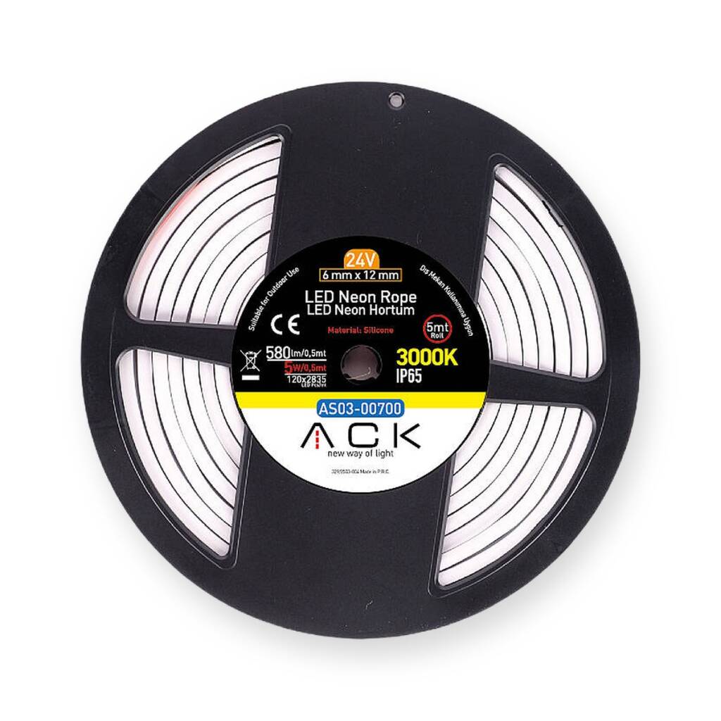 ACK 10W/mt 3000K Günışığı 1160 lm/mt Dimlenebilir 24V LED Neon Hortum (25mt Rulo) AS03-00700 - 1