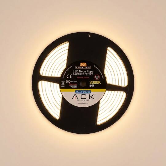 ACK 10W/mt 3000K Günışığı 1160 lm/mt Dimlenebilir 24V LED Neon Hortum (25mt Rulo) AS03-00700 - 3