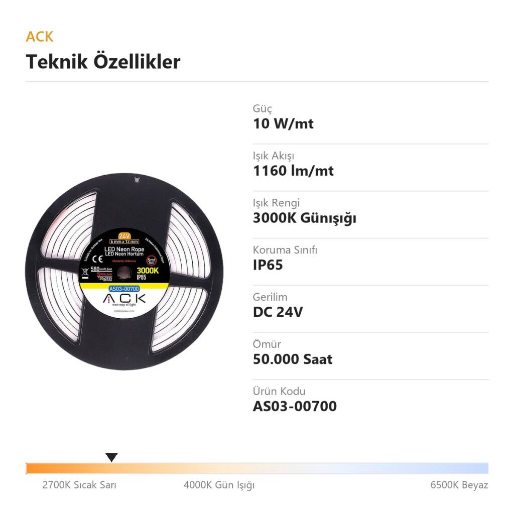 ACK 10W/mt 3000K Günışığı 1160 lm/mt Dimlenebilir 24V LED Neon Hortum (25mt Rulo) AS03-00700 - 4