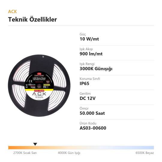 ACK 10W/mt 3000K Günışığı 900 lm/mt Dimlenebilir 12V LED Neon Hortum (25mt Rulo) AS03-00600 - 4