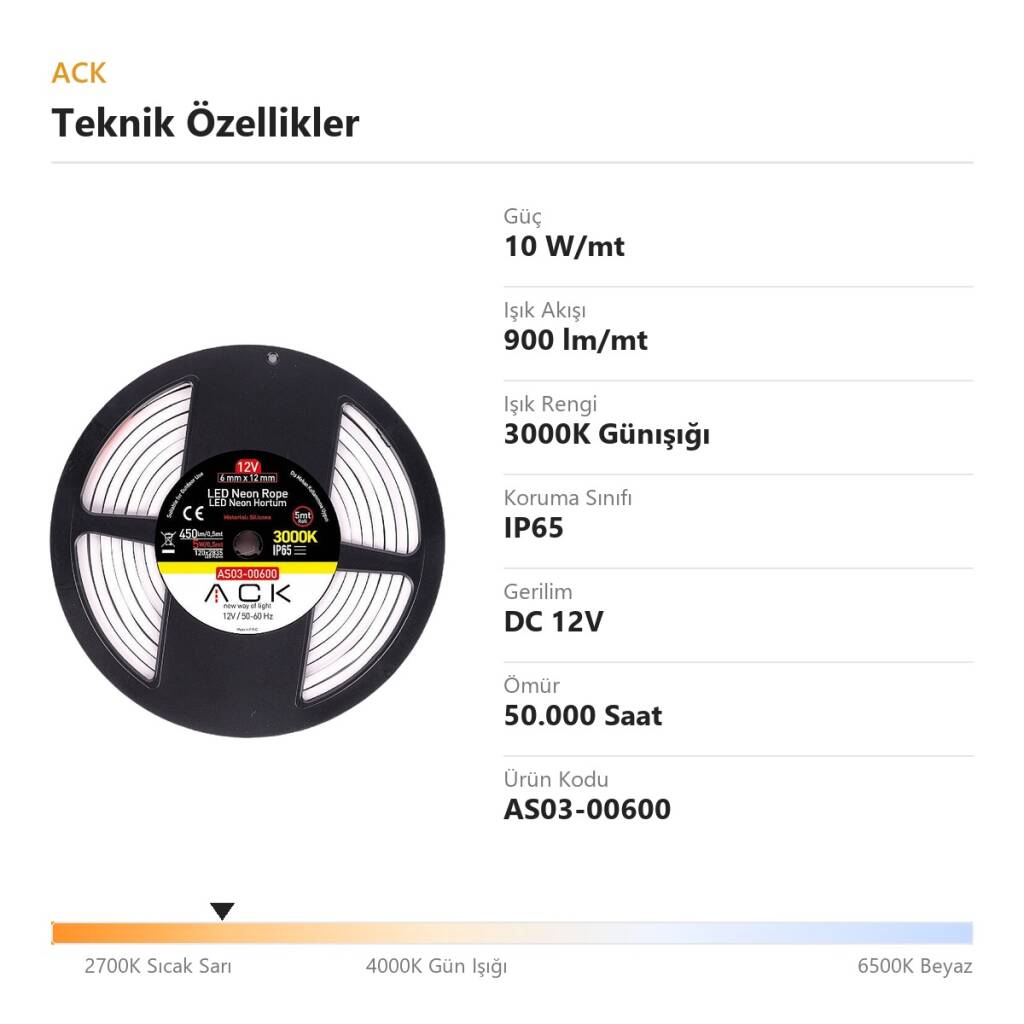 ACK 10W/mt 3000K Günışığı 900 lm/mt Dimlenebilir 12V LED Neon Hortum (25mt Rulo) AS03-00600 - 4
