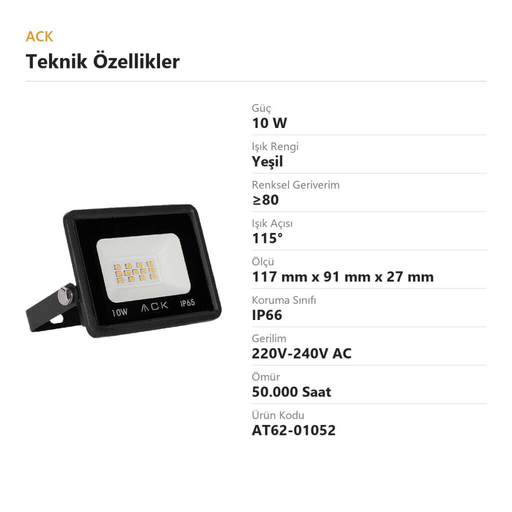 ACK 10W Yeşil LED Projektör AT62-01052 - 4