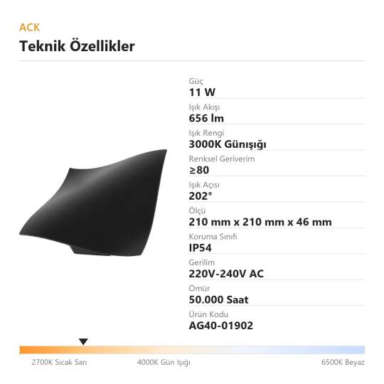 ACK 11W 3000K Günışığı 656 lm Norma Alüminyum Duvar Apliği (Norma C) AG40-01902 - 4