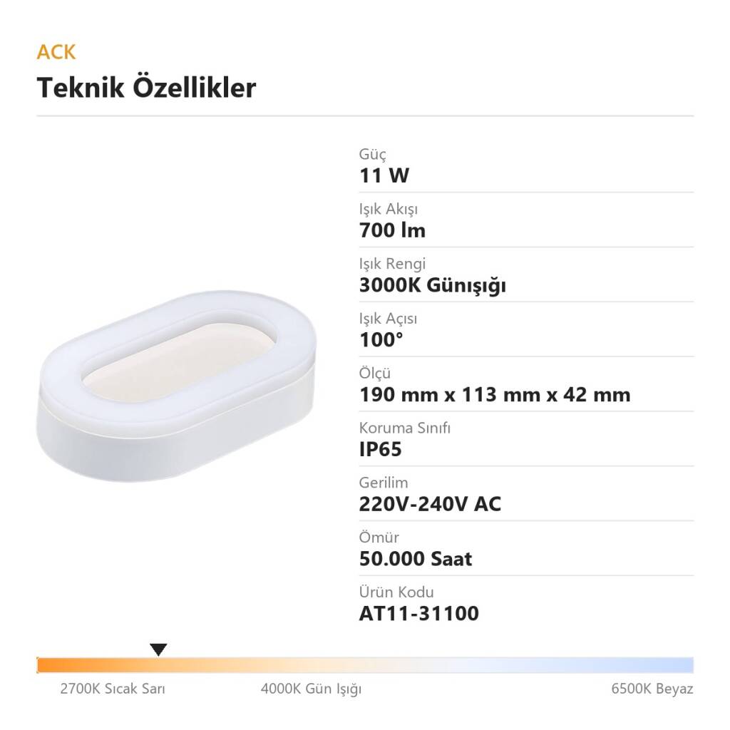 ACK 11W 3000K Günışığı 700 lm LED Bulkhead Armatür (ABS Gövde) AT11-31100 - 4