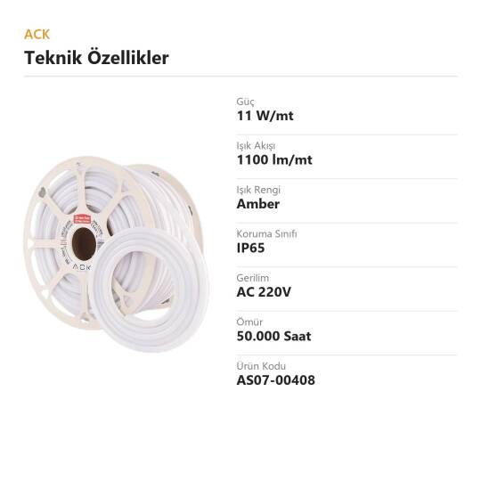 ACK 11W/mt Amber 1100 lm/mt 7x13mm 220V LED Neon Hortum (50mt Rulo) AS07-00408 - 4