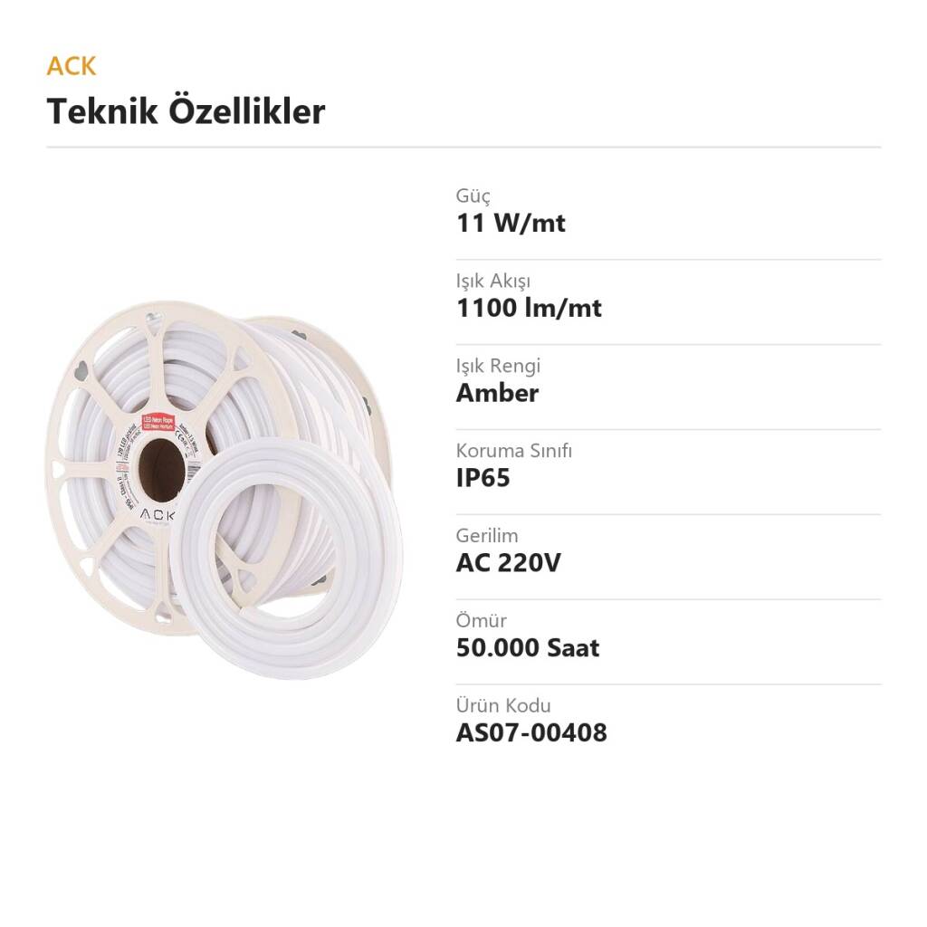 ACK 11W/mt Amber 1100 lm/mt 7x13mm 220V LED Neon Hortum (50mt Rulo) AS07-00408 - 4