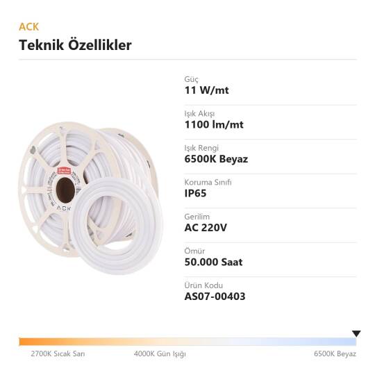 ACK 11W/mt 6500K Beyaz 1100 lm/mt 7x13mm 220V LED Neon Hortum (50mt Rulo) AS07-00403 - 4